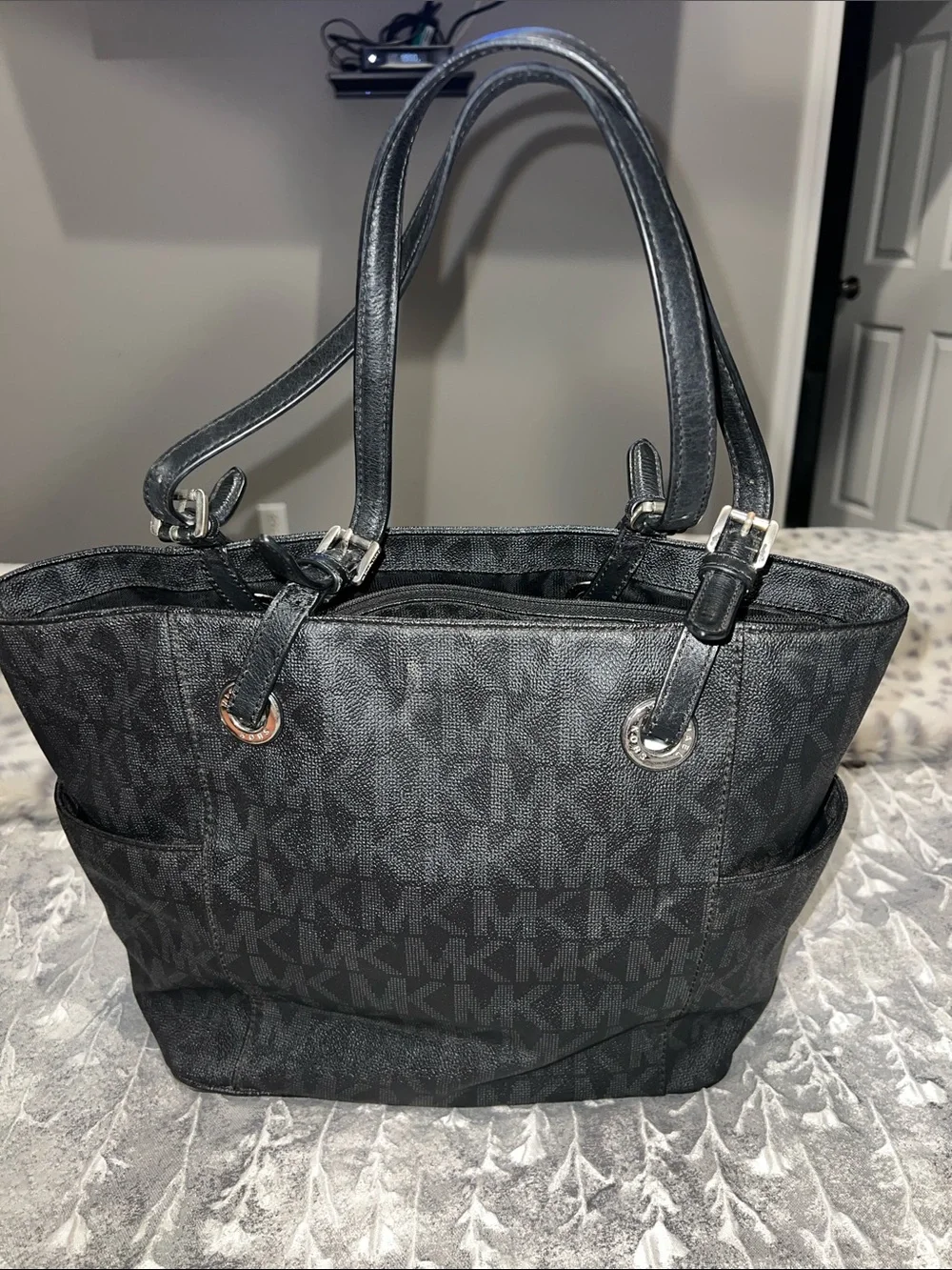 Michael Kors Black MK Monogram Tote with Silver Logo Charm